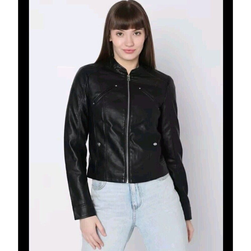 Vero Moda Jacket Black Full Zip Faux Leather Mandarin Collar Biker Size Small